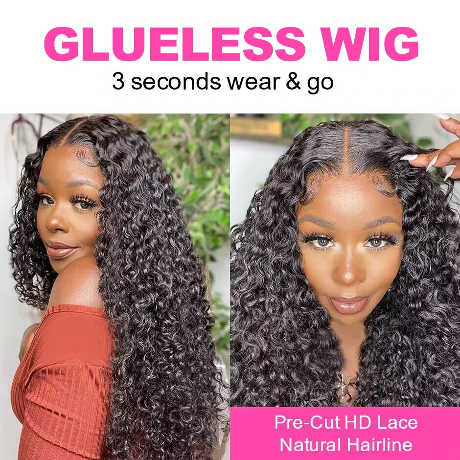 Water Wave Glueless Wig Pre-Cut HD Lace Wig 180% Pre-Plucked Natural Wave Wear Go Glueless Curly Human Hair Wigs For Women