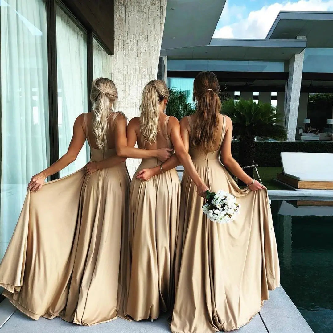 FATAPAESE Sexy Evening Dress Slit Champagne Gold Bridesmaid Dresses Long Satin Gowns V Neck Formal Prom Party Robe Custom-Made