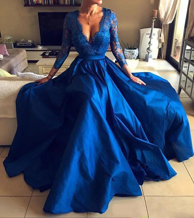 Elegant Women Royal Blue Prom Dress Deep V Neck Evening Dress Elegant Princess Lace Patchwork Splt Bridesmaid Wedding Dress