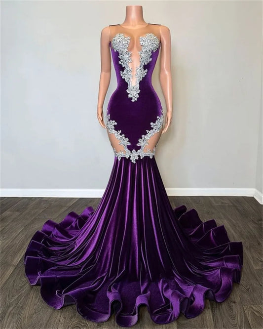 Sexy Beaded Lace Appliques Purple Velvet Prom Dresses Black Girl Mermaid Dresses For Party Wedding Evening Gala Dress Elegant