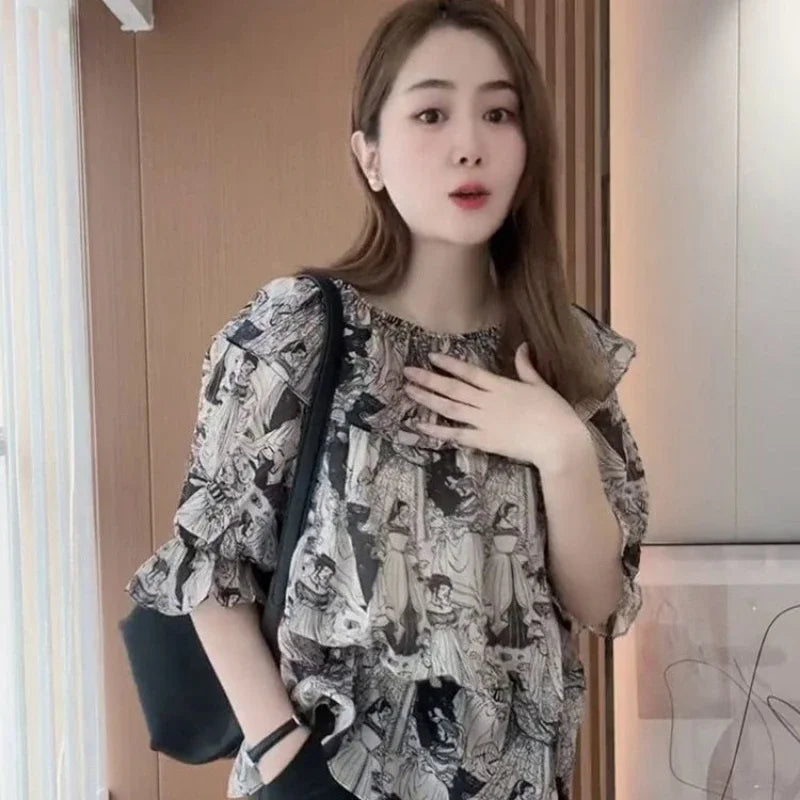 Shirts & Blouses for Women Chiffon Woman Top with Short Sleeve Summer Korean Reviews Clothes Cute and Elegant Aesthetic Youth M