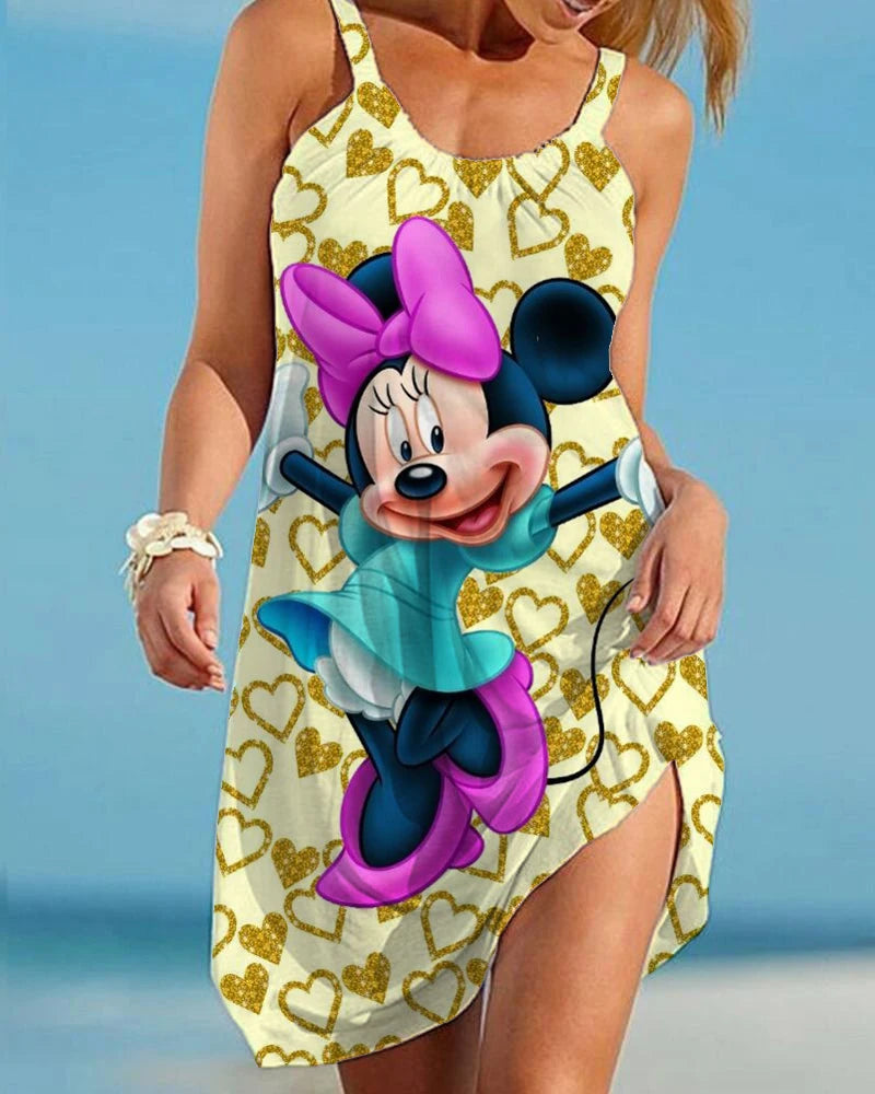 Disney Minnie Cartoon Print Boho Dress for Women Fashion V Neck Sleeveless Dresses Summer Hem Loose Beach Dress Elegant Dress