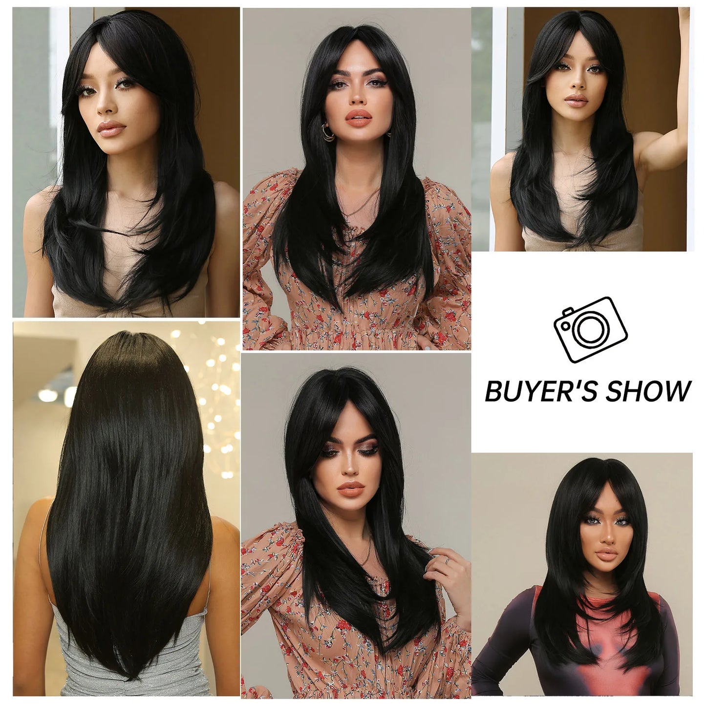 Dark Black Layered Synthetic Wigs With Bangs Long Natural Straight Hairs Wig for Black Women Daily Cosplay Heat Resistant Fiber