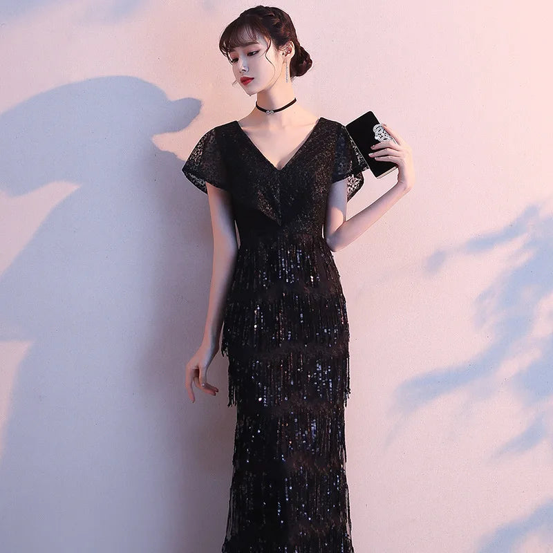 Black Evening Dresses Long Skirt Short Sleeves Mermaid Women Party Gown 2023