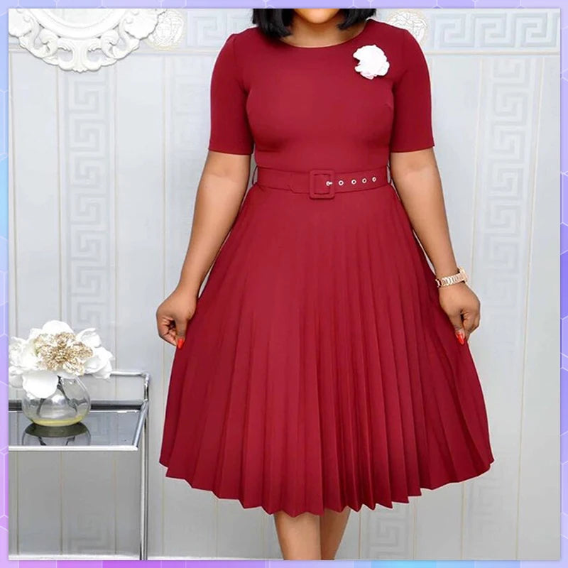 Summer Plus Size Pleated S-3Xl Dress Ladies O-Neck Short Sleeve Solid With Belt Mid-Calf Office Lady Elegant Dresses For Women