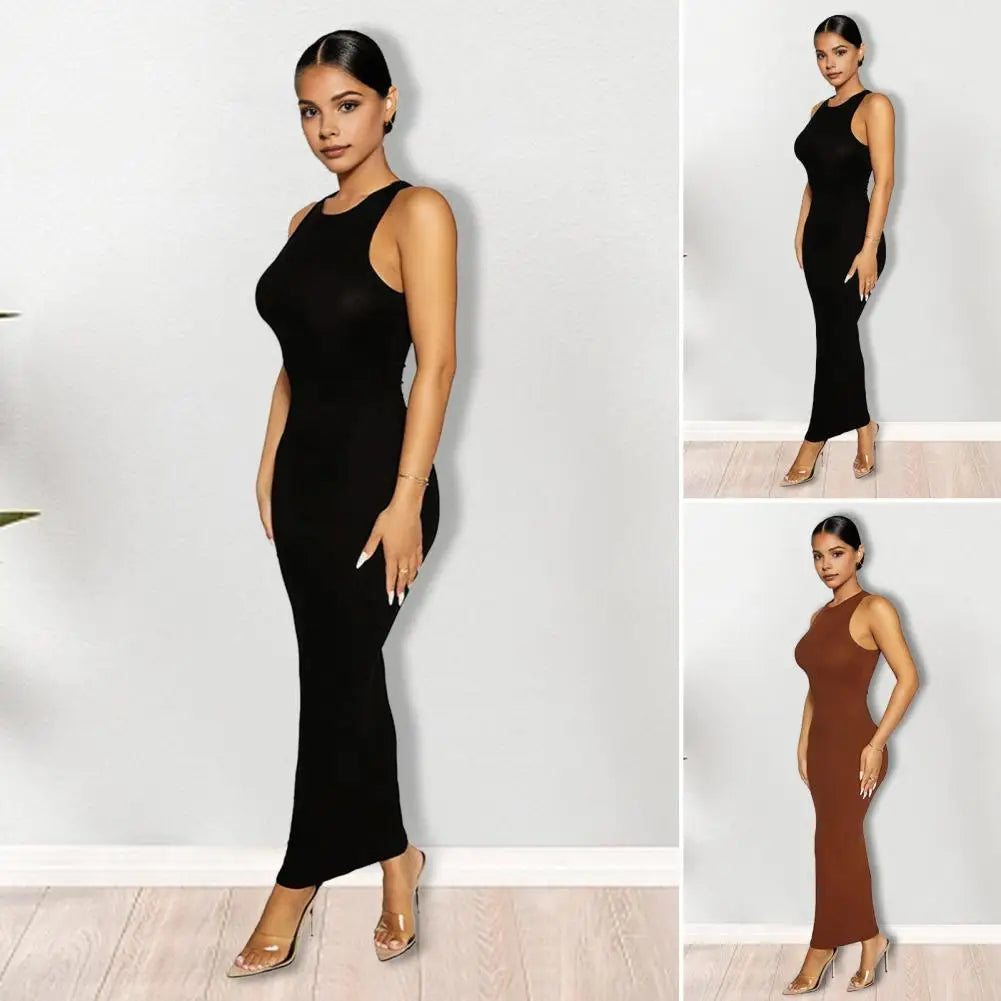 Women Skinny Dress Sleeveless Round Neck Vest Dresses Pure Color High Elasticity Slim Fit Party Maxi Dress Lady Clothes