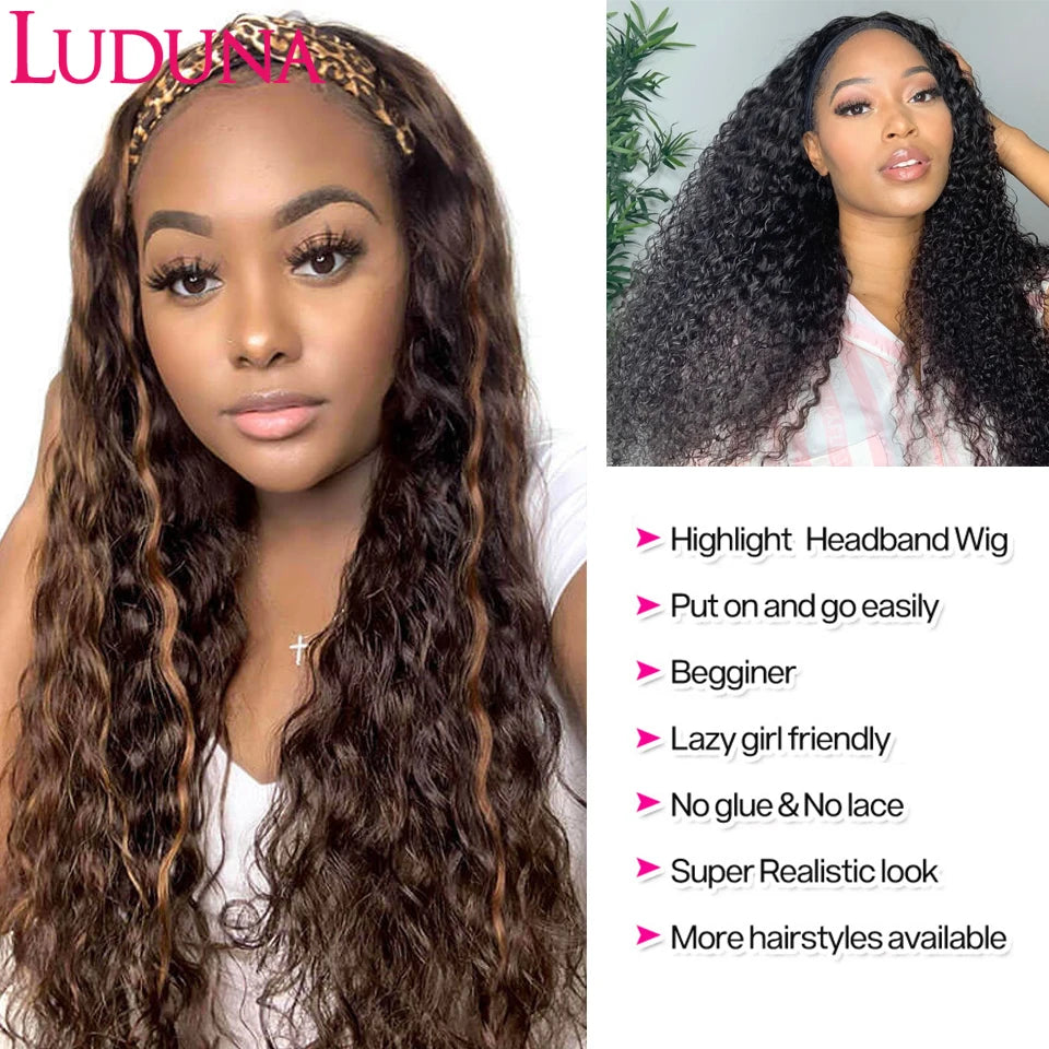 Luduna Headband Wig Human Hair Malaysian Water Wave Human Hair Wigs 180% Highlight Headband Wigs 8-30 Inch Curly Wigs On Sale