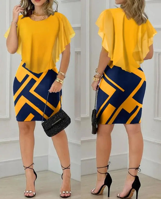 Short Sleeve Elegant Dresses for Women Geometric Print Ruffle Hem Bodycon Skinny Mini Dress New Fashion 2023 Summer Casual