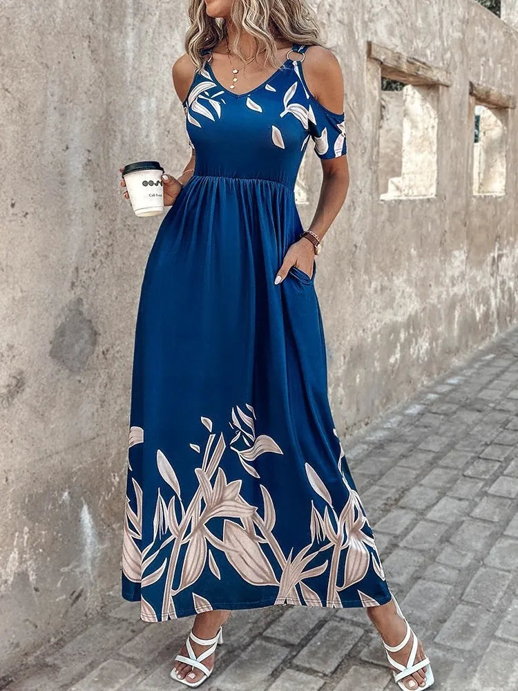 Summer Women Print Dress Fashion Sexy V Neck Short Sleeve Off Shoulder Casual Elegant Maxi Dresses Female Clubwear Casual Dress