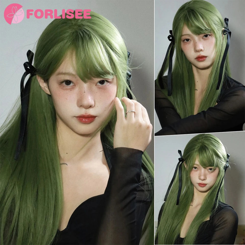 FORLISEE Cosplay Wig With Bangs Synthetic Straight Hair 20 Inch Long Heat-Resistant Fruit Green Wig For Women