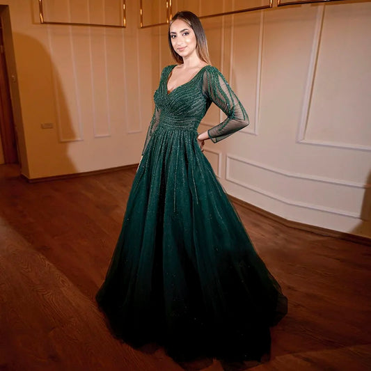 Sharon Said Arabic Emerald Green Muslim Evening Dress Long Sleeve Luxury Burgundy Dubai Formal Dresses for Women Wedding SS417