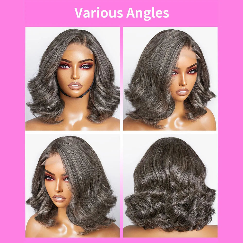 Salt and Pepper Loose Wave Lace Front Bob Wig Human Hair Side Part Glueless 5x5 HD Closure Lace Wig Ready To Go for Black Women