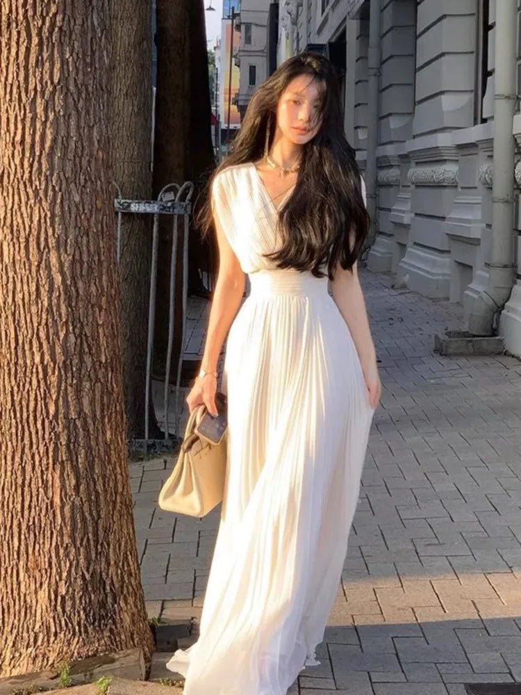 Summer Solid Pleats Long Dresses