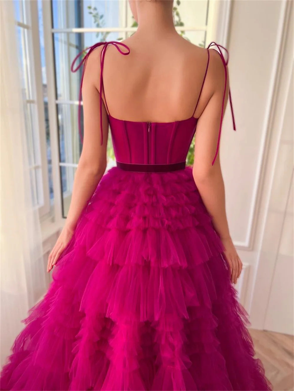 Sansa Sexy Spaghetti Strap Fuchsia فساتين السهرة Multilayer Tulle A-line Prom Dress Princess Puffy Vestidos De Noche