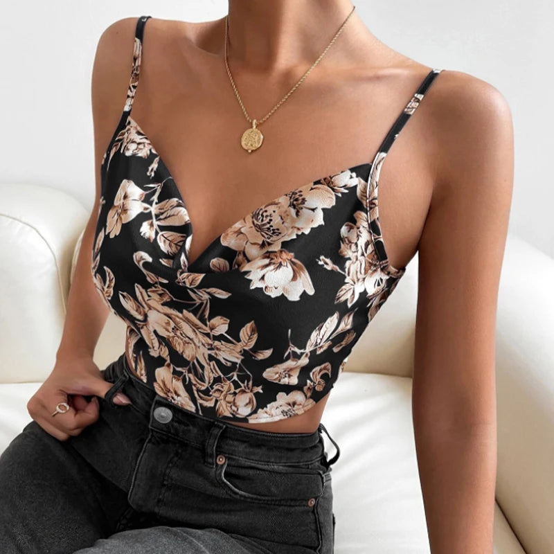 Fashion Vintage Women Thin Straps V-neck Floral Printing Poplin Bustier Tank Crop Tops Female Summer Sexy Backless Big Bow Camis