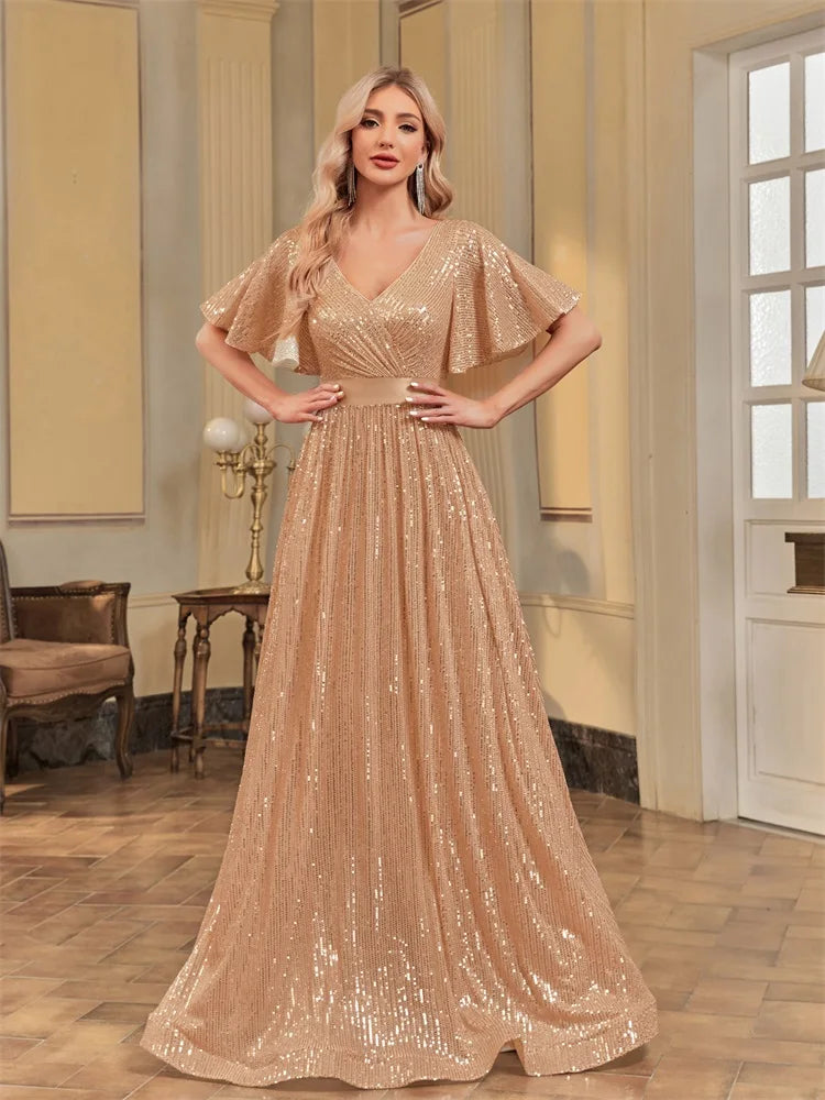 XUIBOL Elegant V Neck Short Sleeves Gold Evening Dresses Women Sequins Wedding Party A-line Prom Maxi Cocktail Dresses Gown