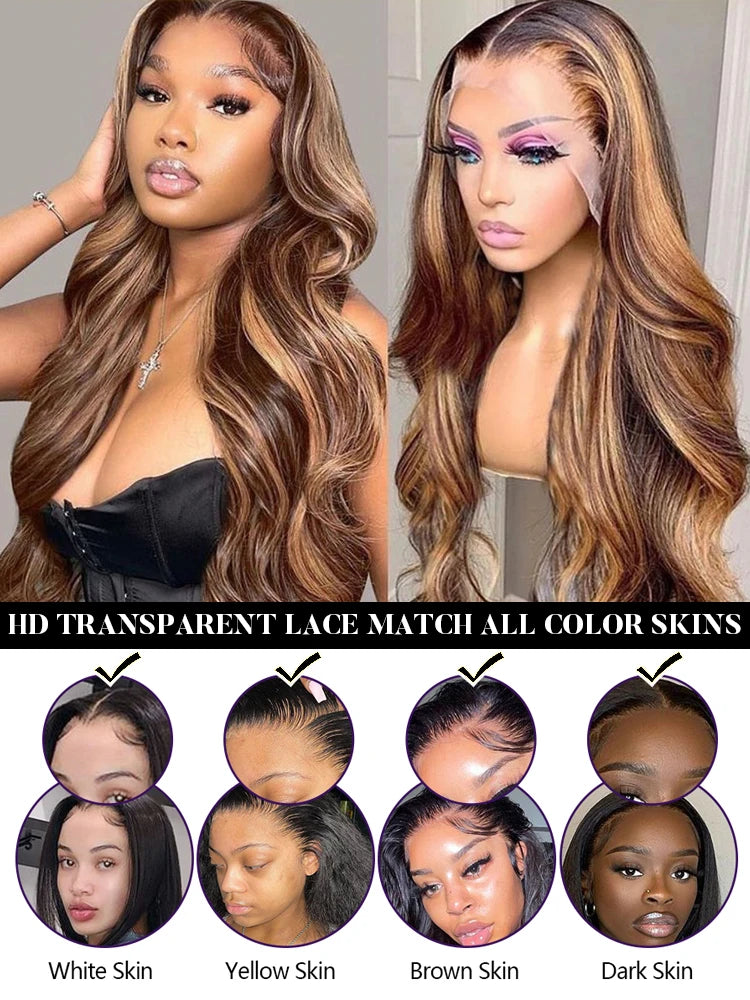 Highlight Wig Human Hair Body Wave Lace Frontal Wigs Colored 13x4 Lace Frontal Wig P4/27 Ombre Honey Blond Lace Front Human Hair