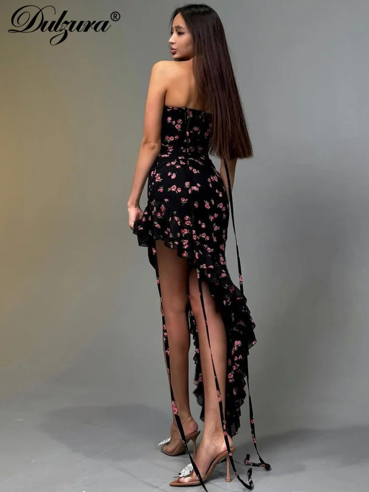 Dulzura Sexy Lace Up Floral Print Midi Dress Sleeveless Backless Irregular Ruffles Dress Summer Women Party Club Y2K Clothes