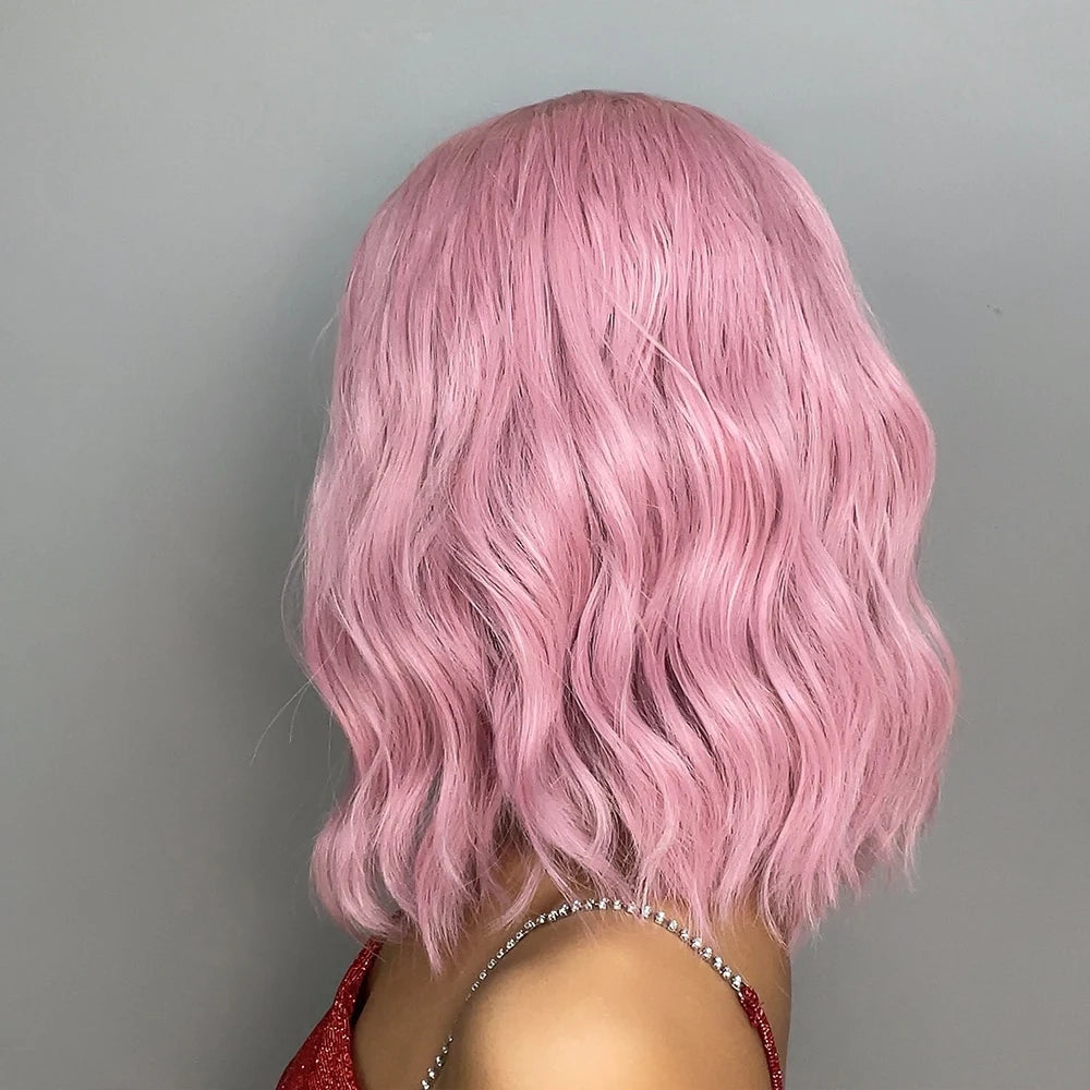 Light Pink Short Wavy Synthetic Hair Wigs with Bangs Cosplay Natural Shoulder Length Bob Wig For Women Afro Heat Resistant Fiber