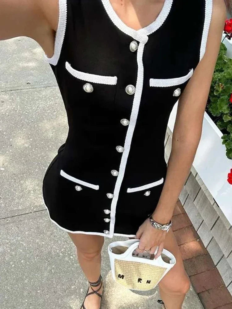 CHAXIAOA Patchwork O-neck Multi Pocket Sleeveless Mini Dress Fashion A-line Slim Elegant Short Vestidos Female Casual Dresses