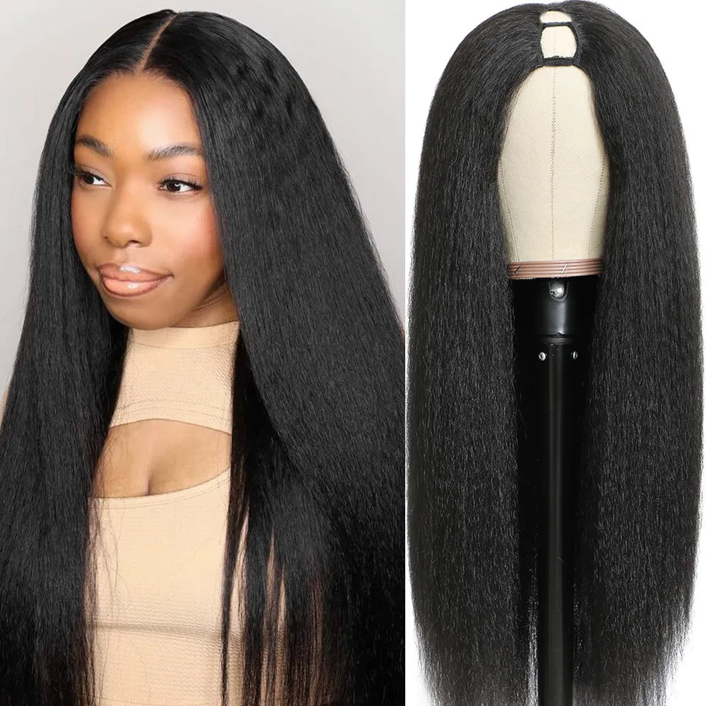 Kinky Straight U Part Wig 10-30 Inch V Part Yaki Straight Synthetic Hair Wig For Women Daily Use Glueless Full Machine Made Wigs