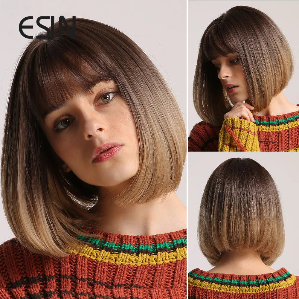 ESIN Synthetic Hair Brown Ombre to Light Brown Medium Long Straight Bob Wig with Bangs Cosplay Wigs for Women Heat Resistant