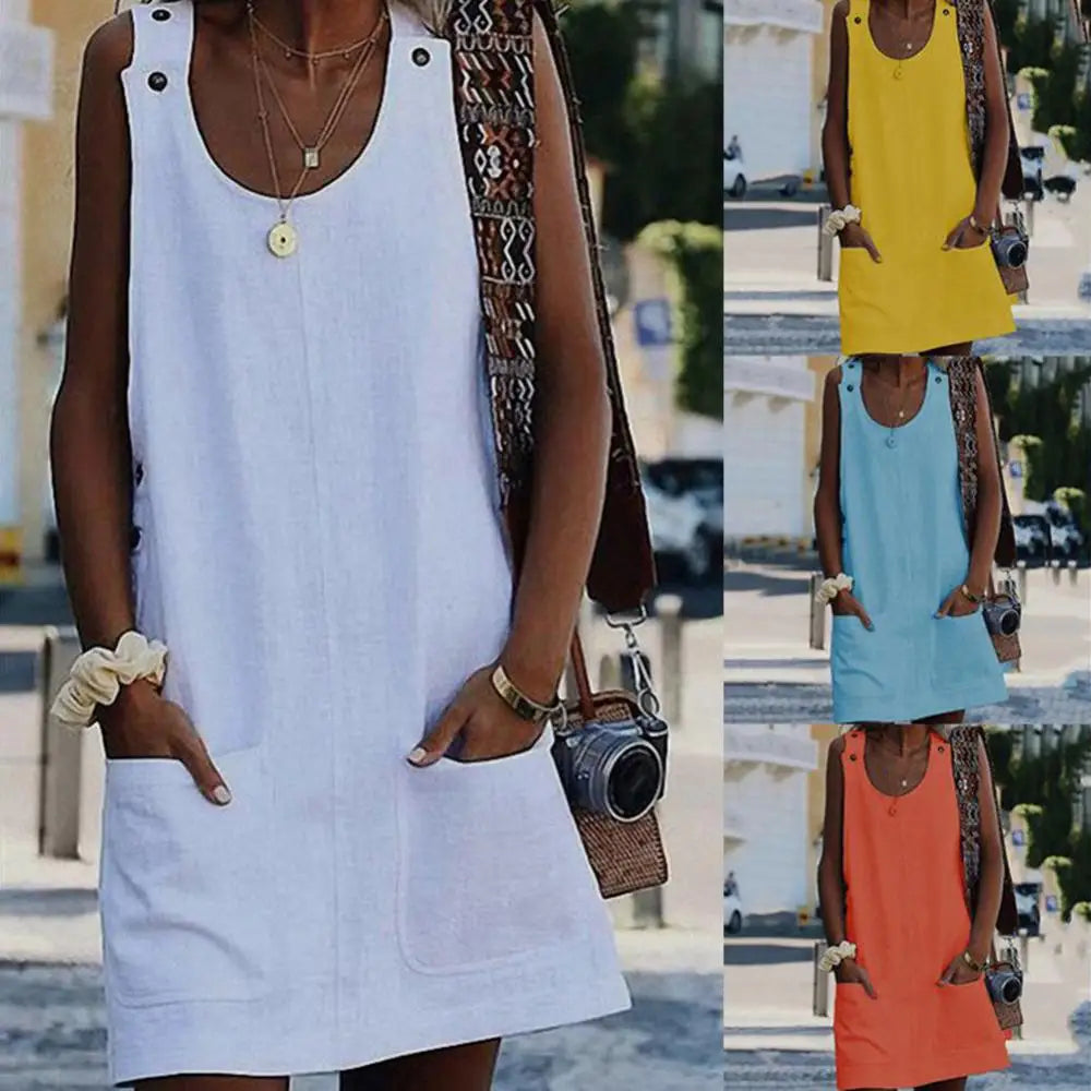 Sleeveless Casual Mini Dress Solid Color Women Beach Pocket Button Sundress