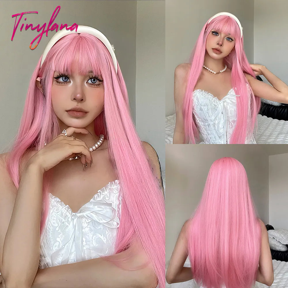 Light Pink Long Straight Synthetic Wigs with Bangs Cosplay Halloween Lolita Colorful Wig for Women Afro Natural Heat Resistant