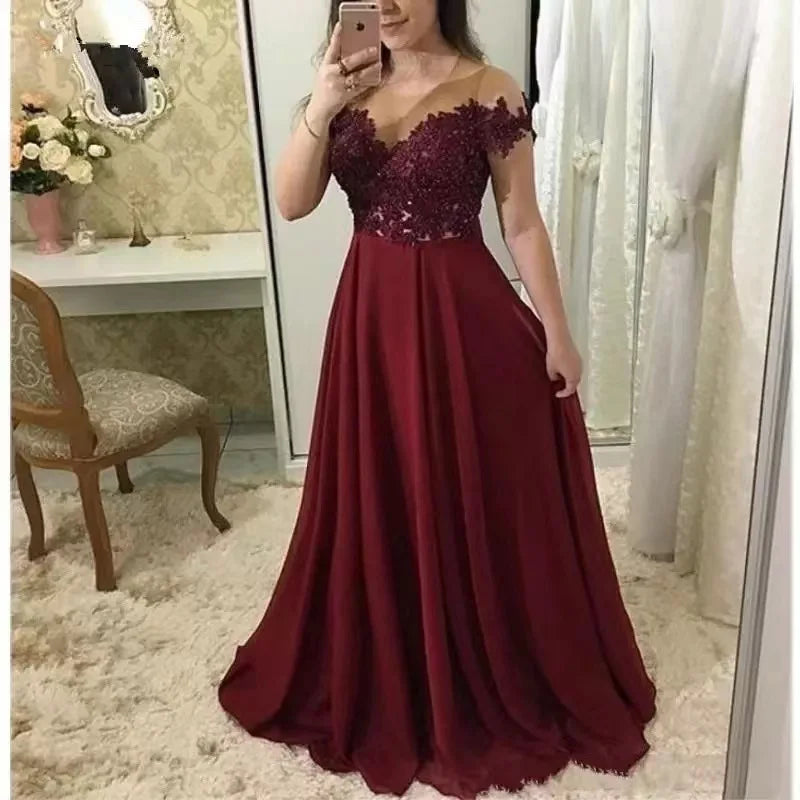 Burgundy Plus Size Long Evening Party Gowns Chiffon Lace Vestidos de festa Sexy Illusion Neckline Special Occasion Prom Dress