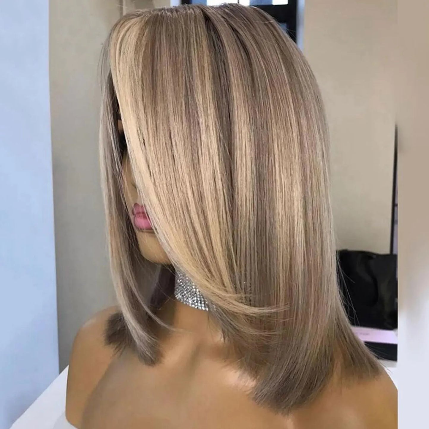 Brown Blonde Highlight Synthetic Lace Front Short Bob Wigs 13x3 Colored Straight Glueless Wig Dark Roots Blonde Wig For Women