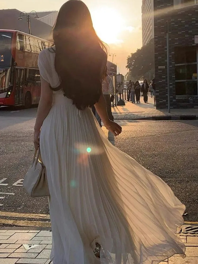 Summer Solid Pleats Long Dresses