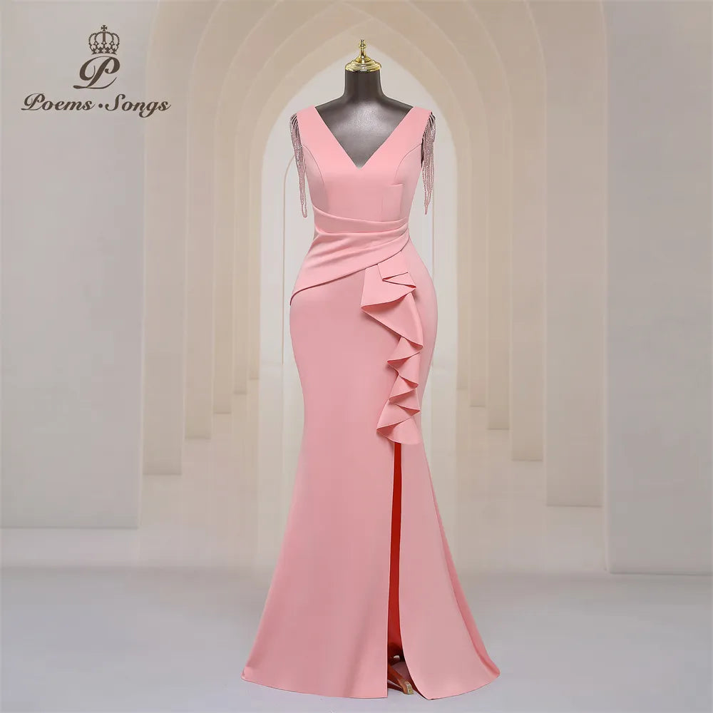 Sexy side slit Party dress for women Long Prom Dress Soft Satin shoulder Beading evening dresses bridesmaid dresses Maxi Dress