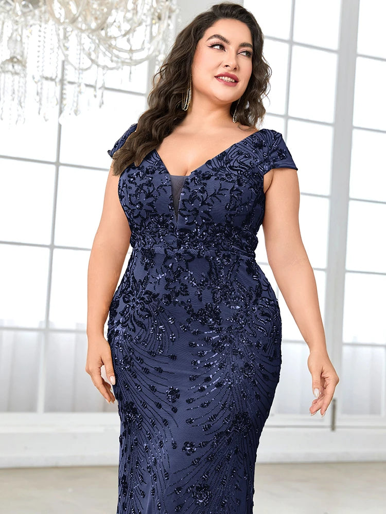 Lucyinlove Plus Size Elegant Blue Evening Dress For Women 2024 Luxury Long Mermaid Formal Sequins V-neck Prom Wedding Party Gown