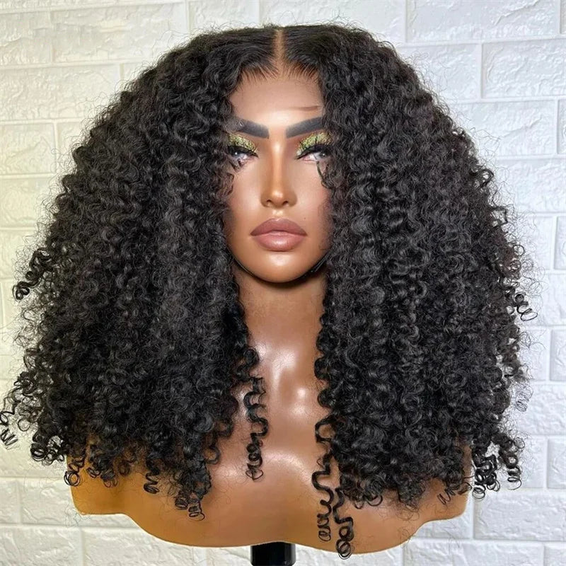 Natural Black Long 24Inch 180Density Soft Glueless Kinky Curly Lace Front Wig For Women With Baby Hair  Preplucked Daily Fashion