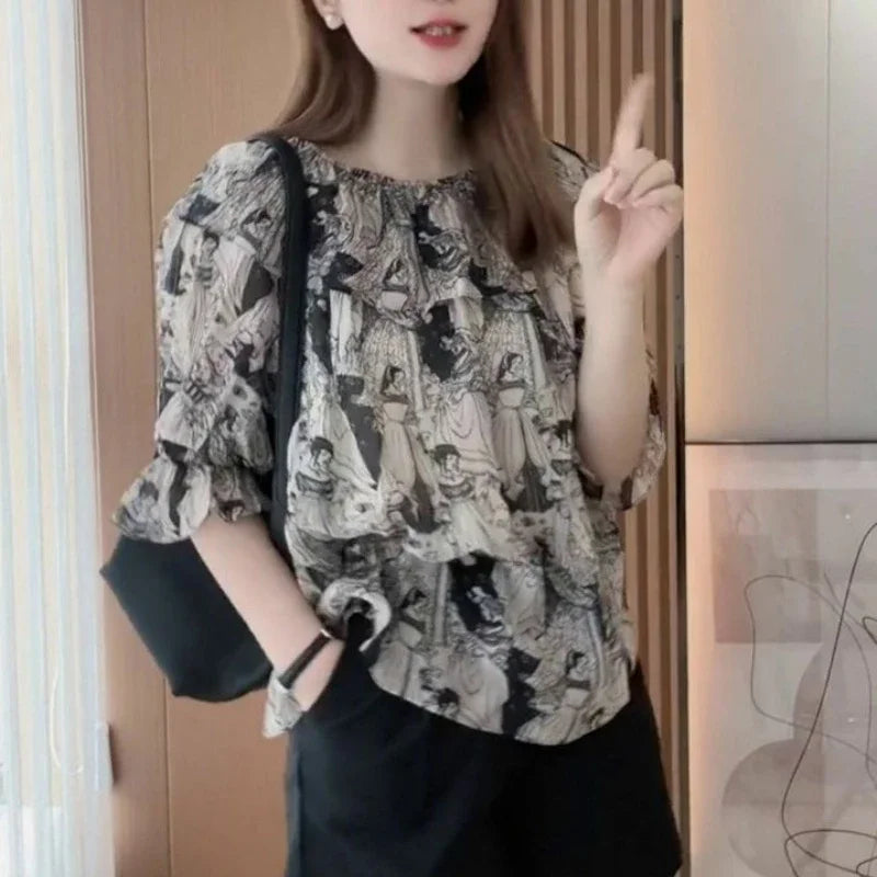 Shirts & Blouses for Women Chiffon Woman Top with Short Sleeve Summer Korean Reviews Clothes Cute and Elegant Aesthetic Youth M