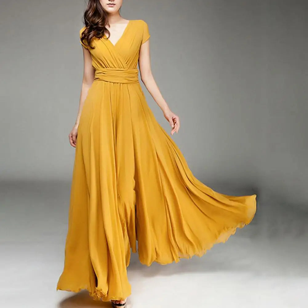 Women'S Deep V Neck Solid Color Dress Elegant Party Dresses For Women Short Sleeves Chiffon High Waist Closing Long Dresses