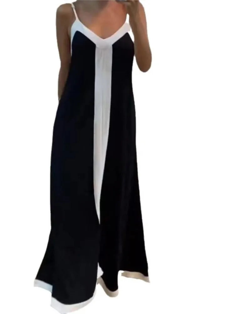 Women Casual V Neck Long Dress Summer Chic Stitching Color Loose Hem Dresses Elegant 2024 Backless Sleeveless Sling Maxi Dresses