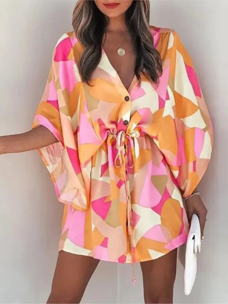 Casual Dress Women Fashion Flying Sleeve V-neck Print Beach Party Dresses Elegant Lace Up Mini Dress Robe Femme 2024 New Summer