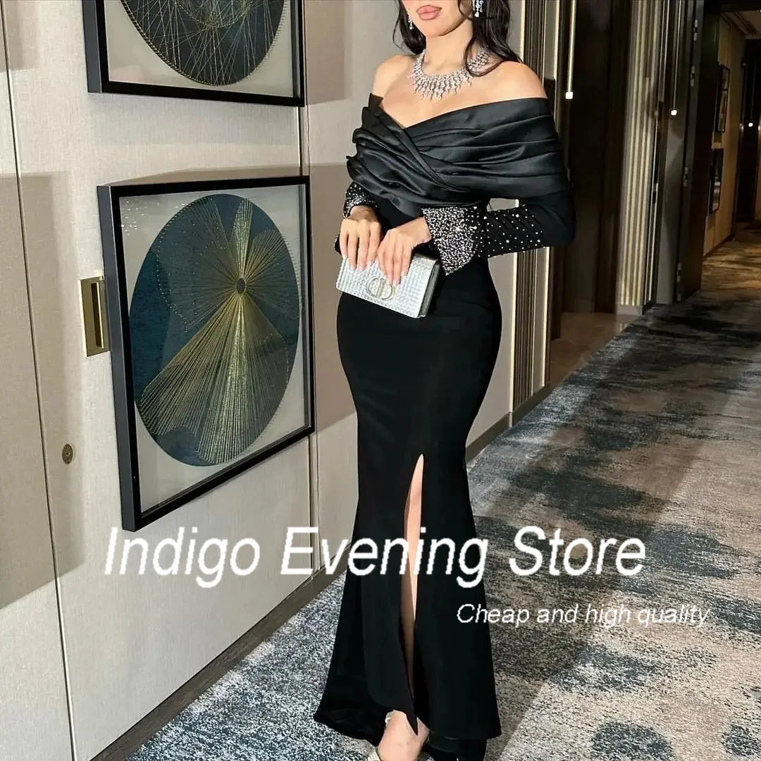 Indigo Evening Dresses Off Shoulder Beads High Slit Women Formal Party Dress 2024 فساتين الحفلات Vestido Para Graduación