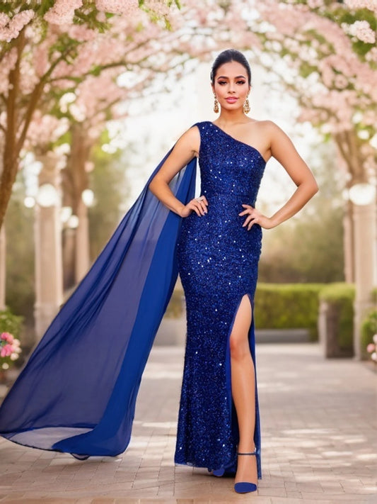 Romagic One Shoulder Mother Of the Bride Dress Blue Long Shawl Sequin Slit Wedding Party Gown Women Evening Dresses Floor Length