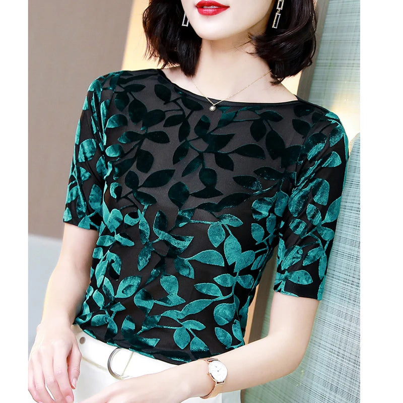 M-3XL Short sleeve Women shirt Fashion Summer Tops New style Slash neck Velvet T shirt