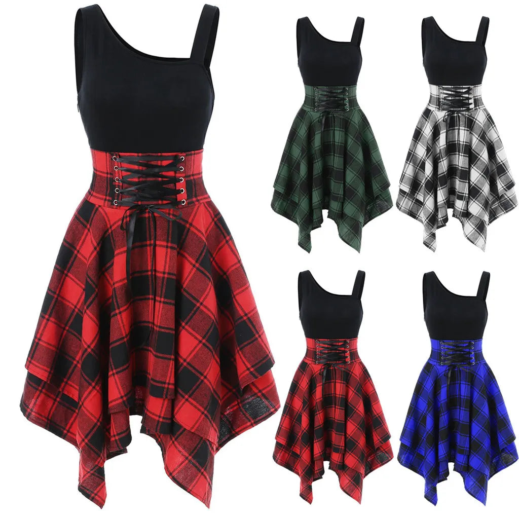 Womens Dresses Punk Gothic Plaid Patchwork Lace Up Dress Sleeveless Irregular Summer Dress Vestidos Mujer Streetwear