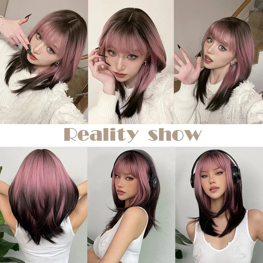 LOUIS FERRE Black Pink Ombre Synthetic Wigs for Cosplay Long Straight Layered Wigs with Bangs for Women Heat Resistant Fake Hair