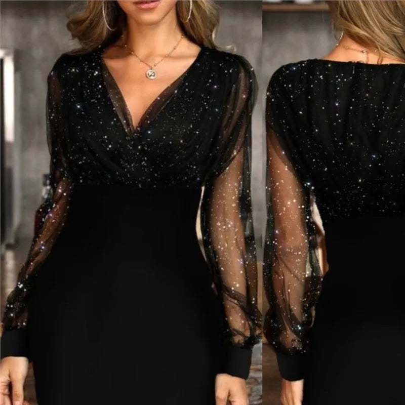 New Retro Dress Sexy Sequins Female Black Elegant Short Summer Culb Women Party Women'S Over The Shoulder Prom Swim Dress