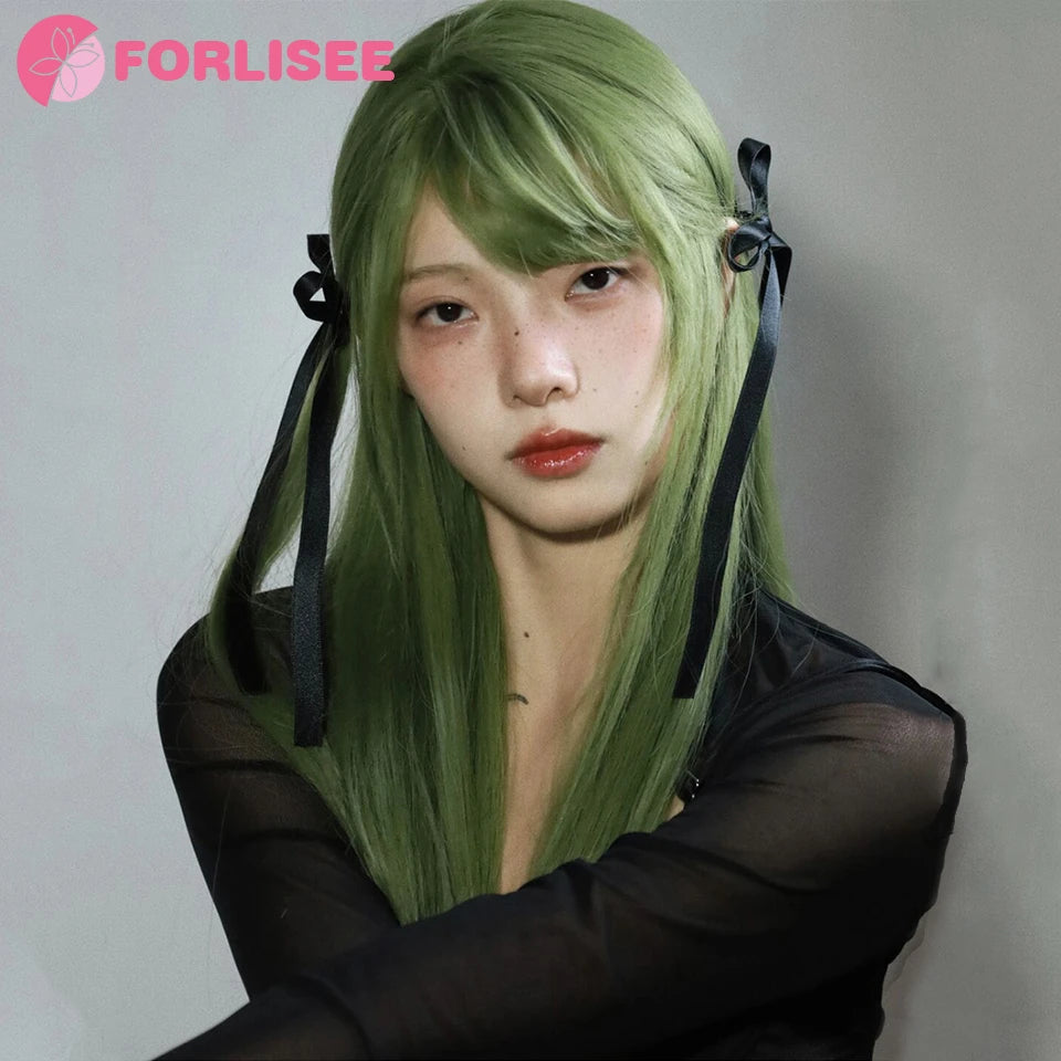 FORLISEE Cosplay Wig With Bangs Synthetic Straight Hair 20 Inch Long Heat-Resistant Fruit Green Wig For Women