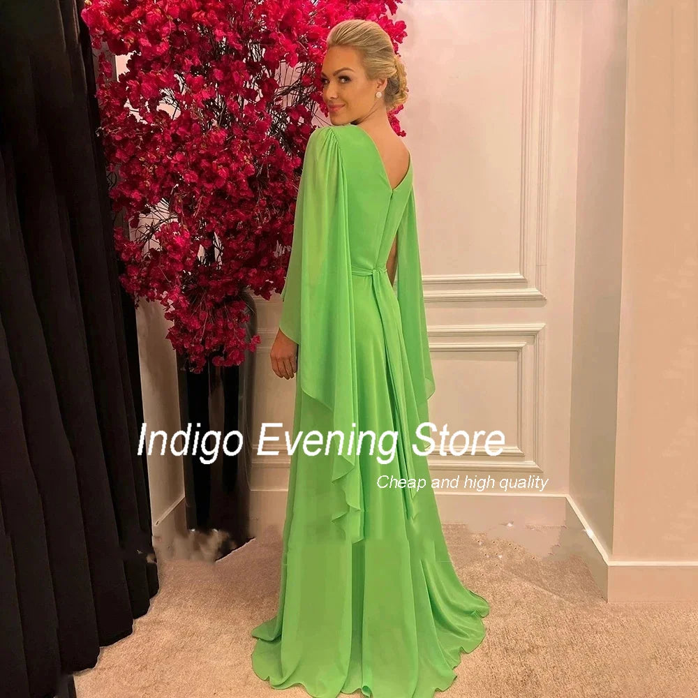 Indigo Prom Dress A-Line 2024 V-Neck Long Sleeve Pleat Chiffon Open Back Floor-Length Elegant Evening Gowns For Women فساتين الس