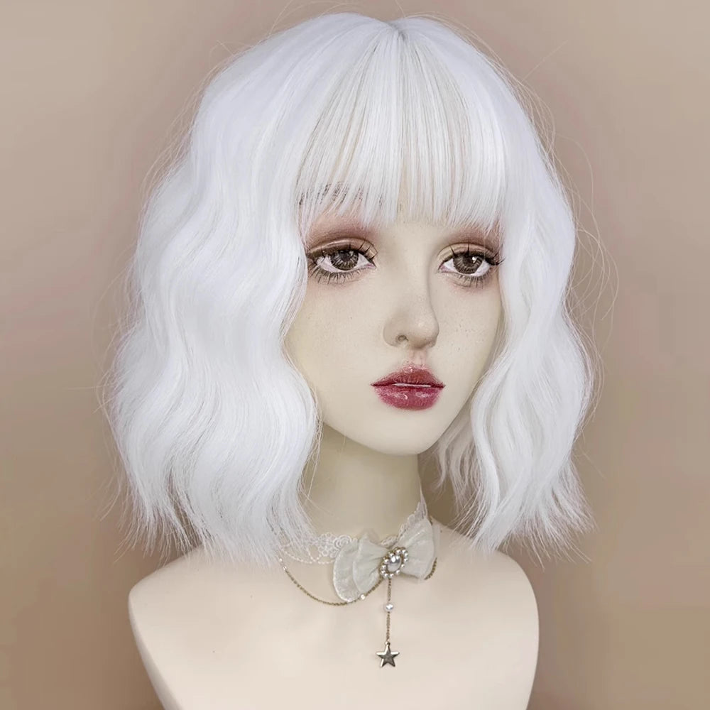 MSIWIGS Synthetic Short Women White Wavy Curly Wig with Bangs Lolita Cosplay Natural Fluffy Hair Wig for Daily Party