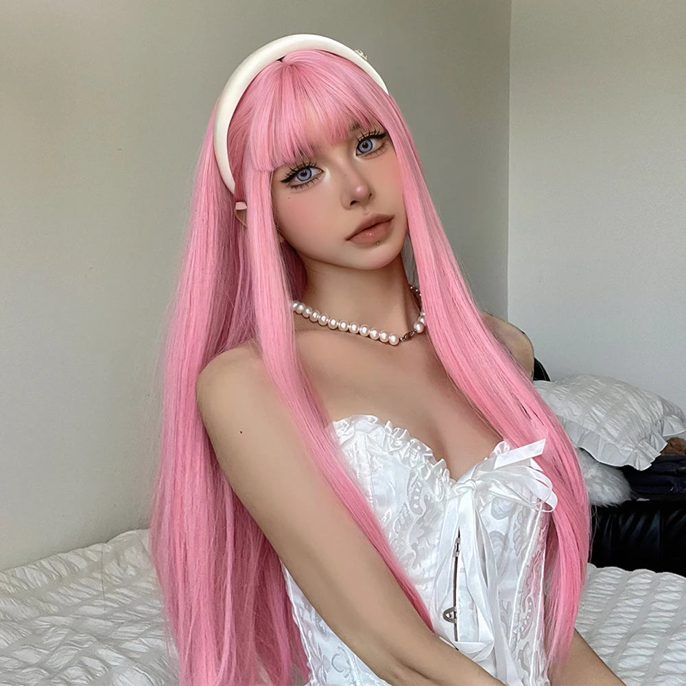 Light Pink Long Straight Synthetic Wigs with Bangs Cosplay Halloween Lolita Colorful Wig for Women Afro Natural Heat Resistant