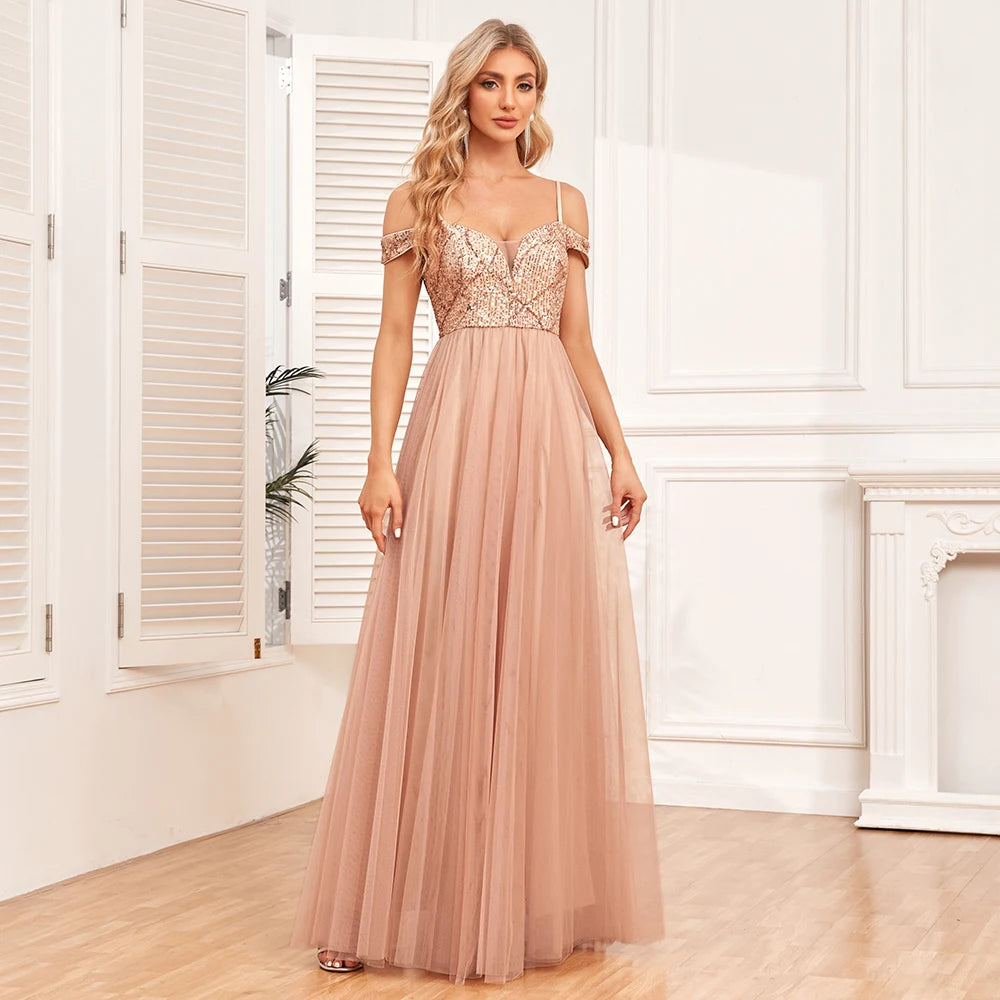 Women's Elegant Spaghetti Strap Sequin Tulle Long Evening Dress A-line Swing  Wedding Bridesmaid Dress