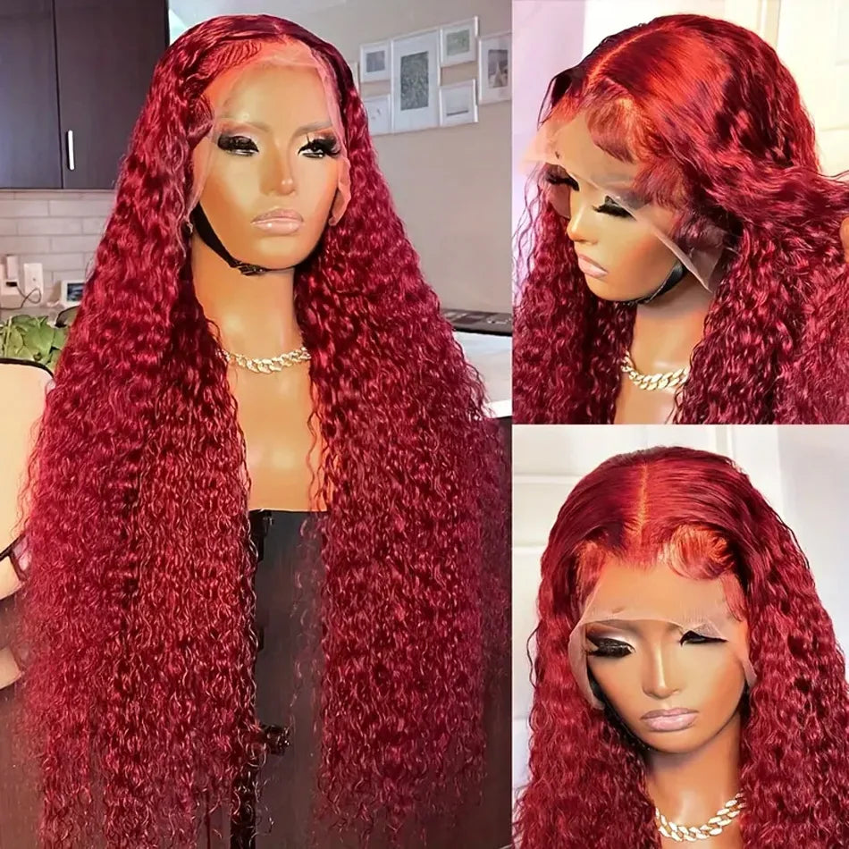 13x4 HD 99J Burgundy Deep Wave Lace Front Wig  250 Density Curly 30 40 Inch 13x6 Lace Frontal Human Hair Wig Red Wine  For Women